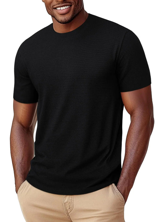 LOGEEYAR Mens Fashion Crewneck Knitted T-Shirts Short Sleeve Textured Pullover Tees Casual Waffle Knit T Shirts for Men Black