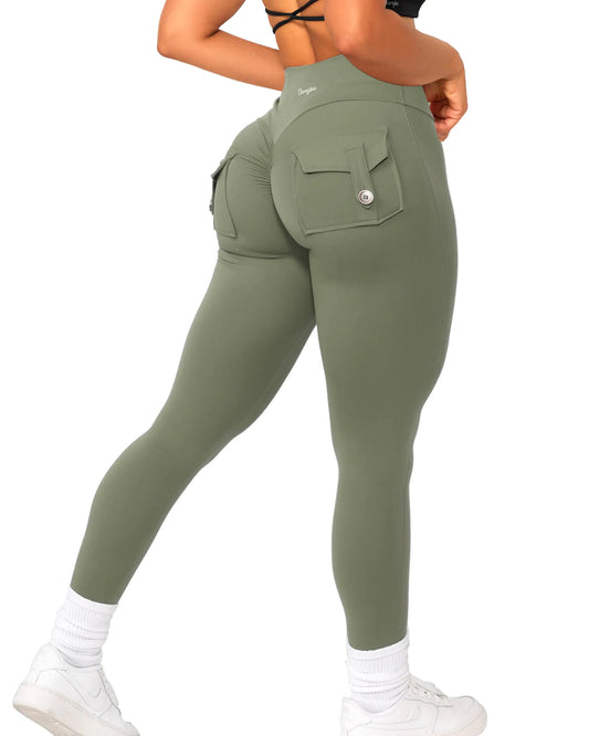 Danysu Cargo Leggings with Pockets for Women Scrunch Butt Lifting Leggings V Cross Waist Tummy Control Casual Yoga Leggings