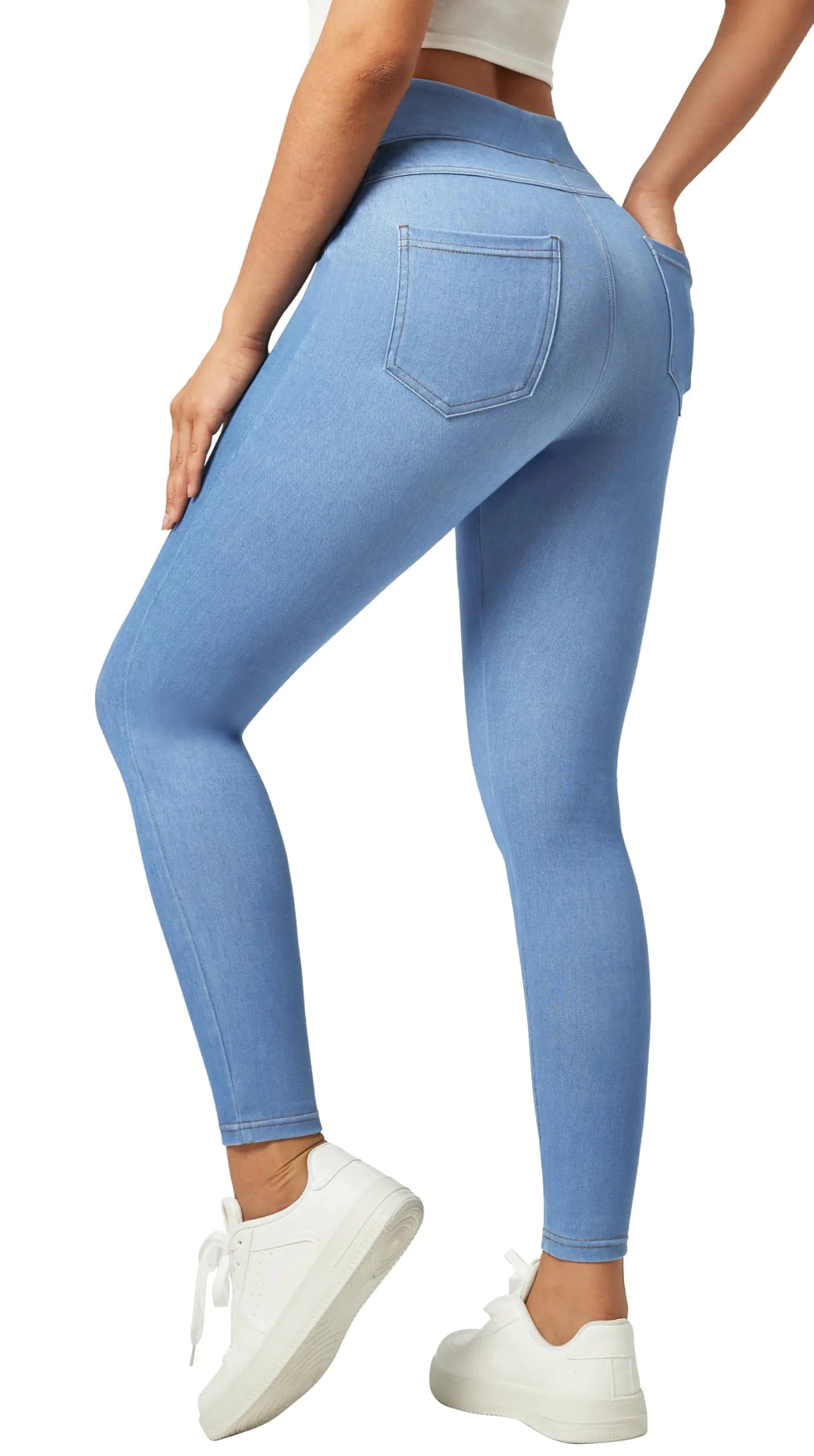 IUGA Jeggings for Women Tummy Control Pull on Stretchy Jeans High Waisted Skinny Jean Leggings with Pockets Trendy Casual Misty Blue
